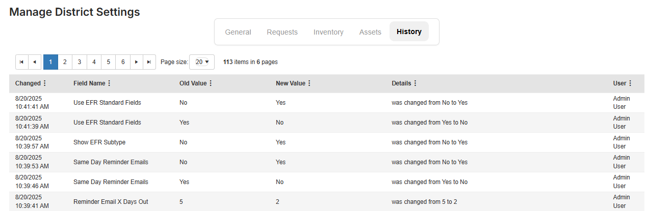 Manage District Settings, History tab.